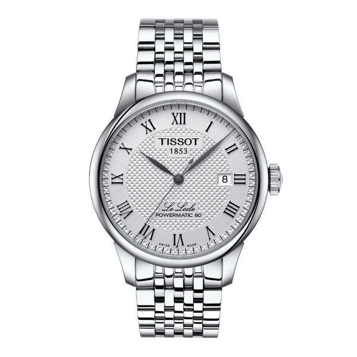 Tissot Le Locle Powermatic 80, classic silver watch with steel link and Roman numerals, Model T0064071103300.