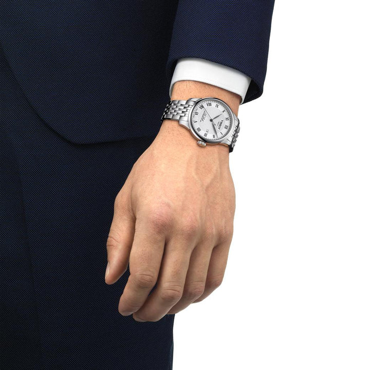 Tissot Le Locle Powermatic 80 T0064071103300 on wrist with silver dial and steel chain, Model T0064071103300