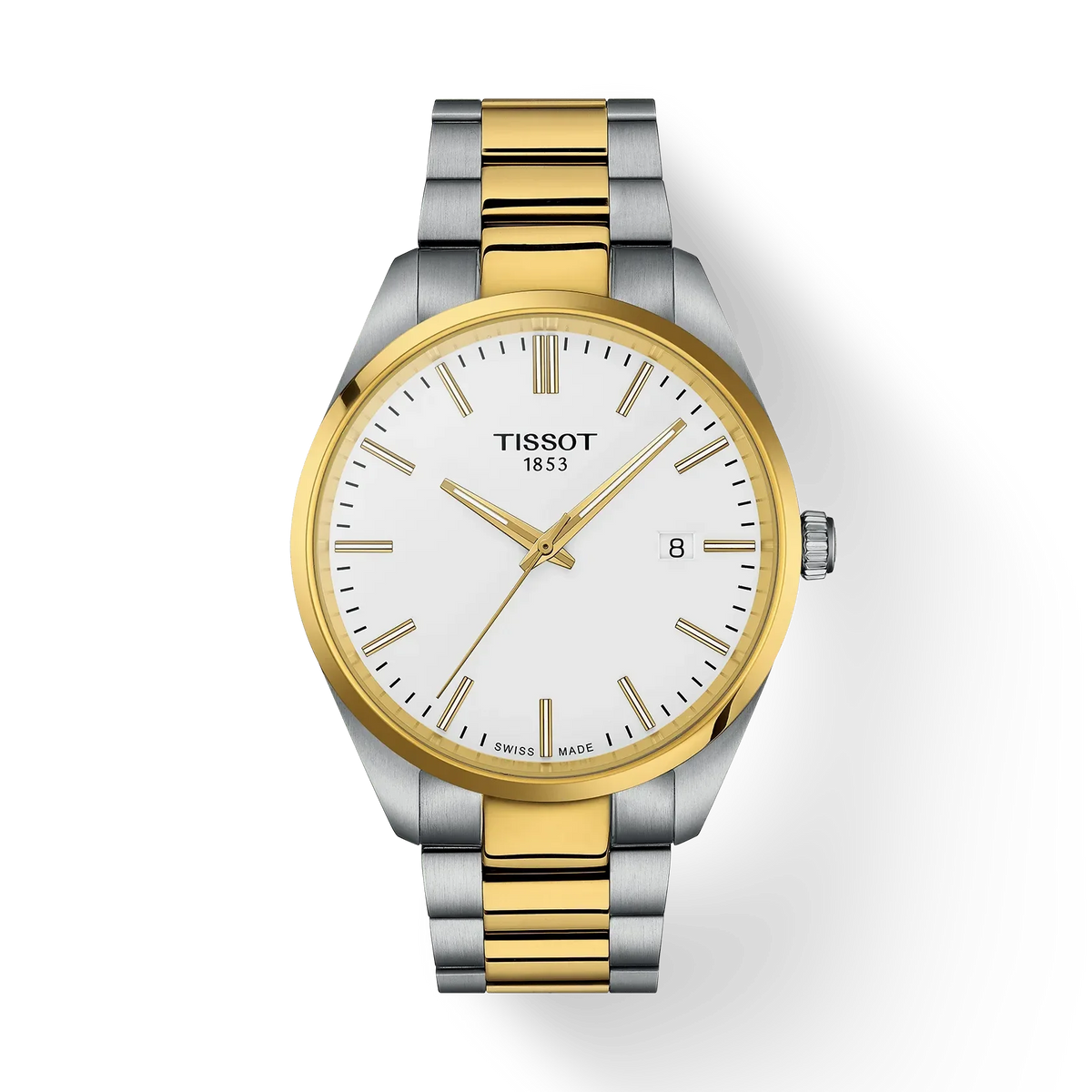 Tissot PR 100 40mm gold PVD steel link, elegant watch in silver and gold with white dial. Model T1504102201100