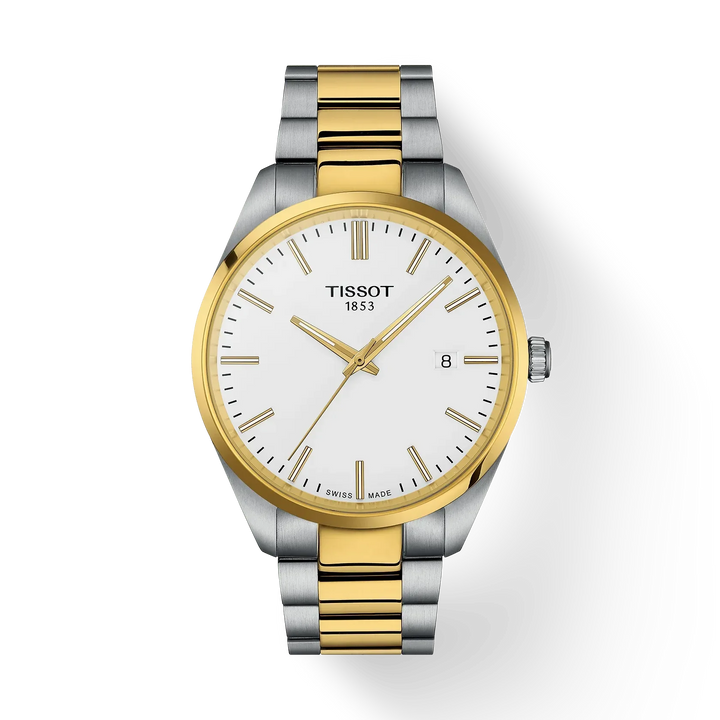 Tissot PR 100 40mm gold PVD steel link, elegant watch in silver and gold with white dial. Model T1504102201100