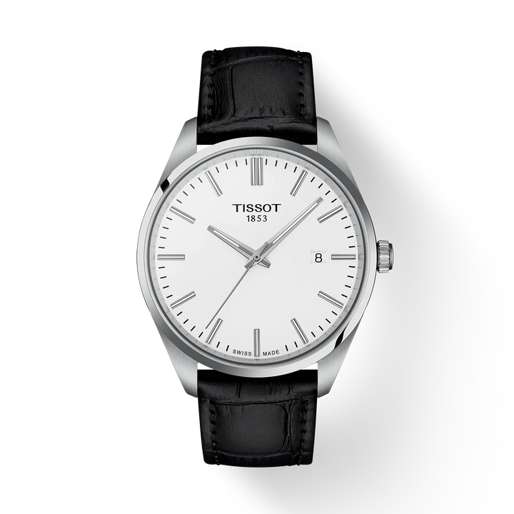 Tissot PR 100 40mm black leather strap with white dial and date, elegant and stylish. Model T1504101601100