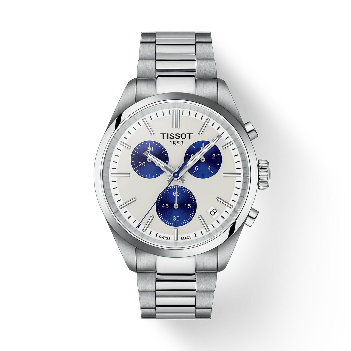 Tissot PR 100 Chronograph 40mm steel bracelet shows silver dial with blue chronographs. Model T1504171101100