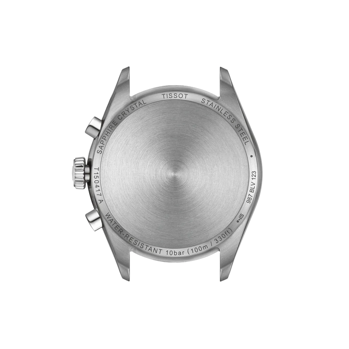 Tissot PR 100 Chronograph 40mm steel chain back with brushed steel finish, detailed watch case. Model T1504171101100