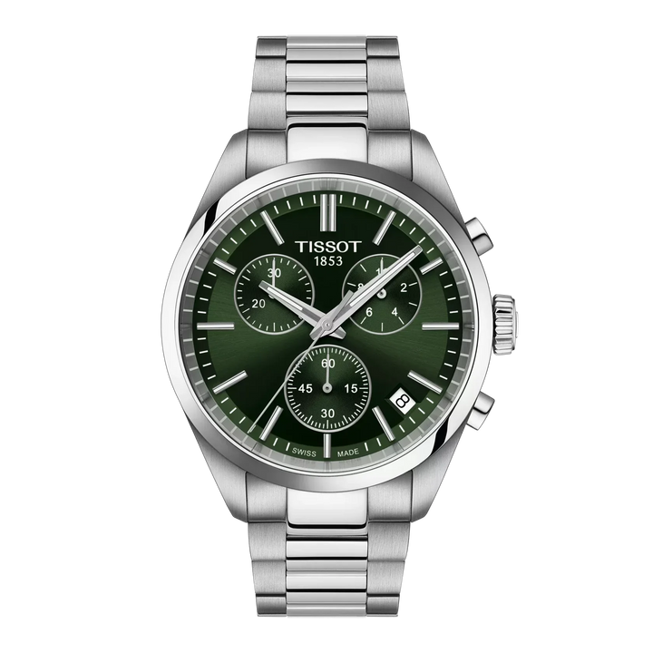 Tissot PR 100 Chronograph with green dial and steel chain, front view. Model T1504171109100