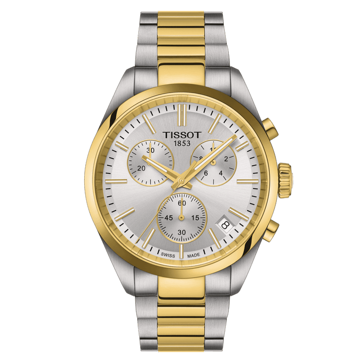 Tissot PR 100 Chronograph PVD with silver dial, two-tone steel bracelet, Model T1504172203100