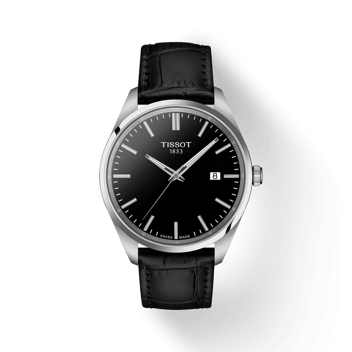 Tissot PR 100 Quartz with black dial, date and black leather strap. Model T1504101605100.
