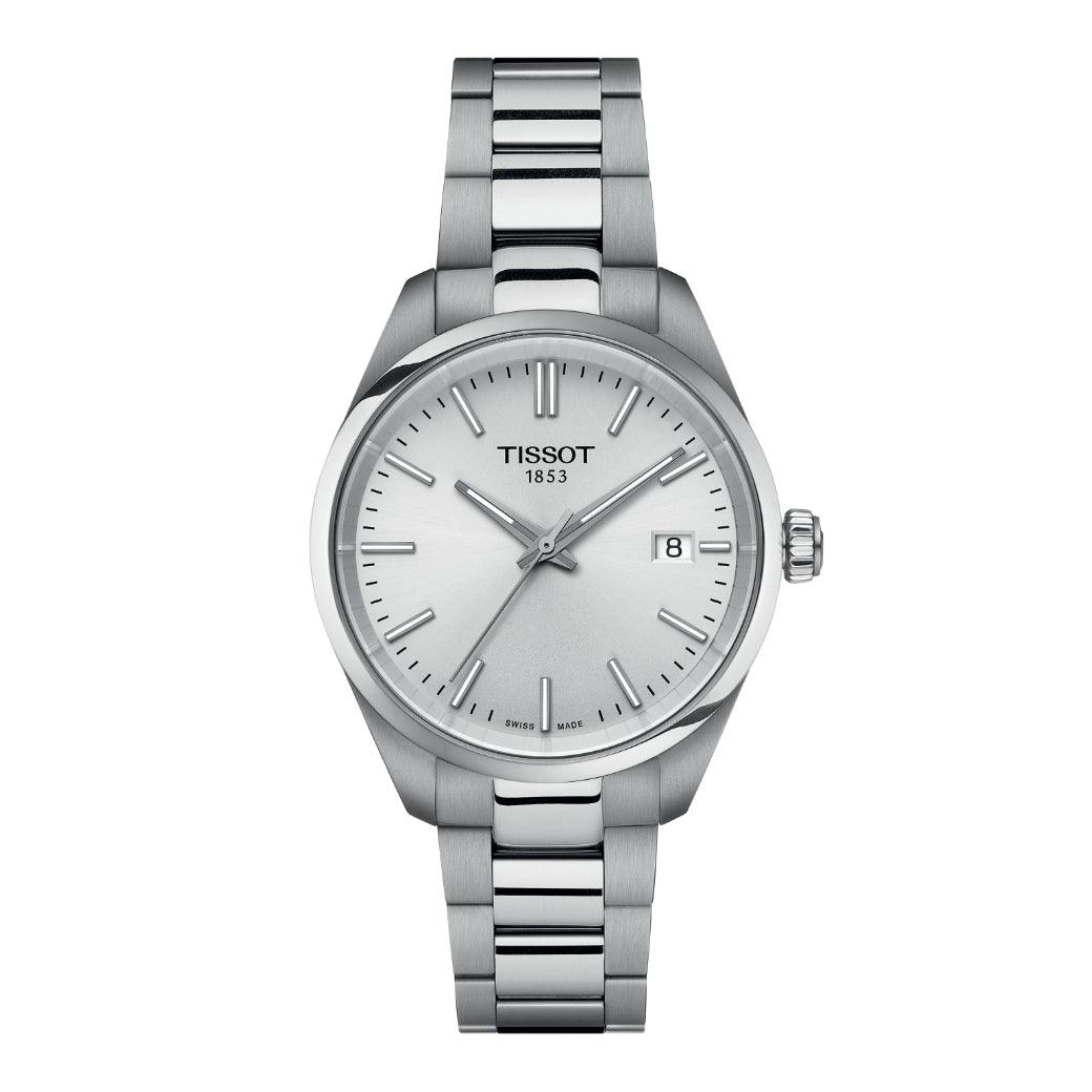 The Tissot PR 100 T1502101103100 is shown as an elegant men's watch in stainless steel with a silver dial. Model T1502101103100