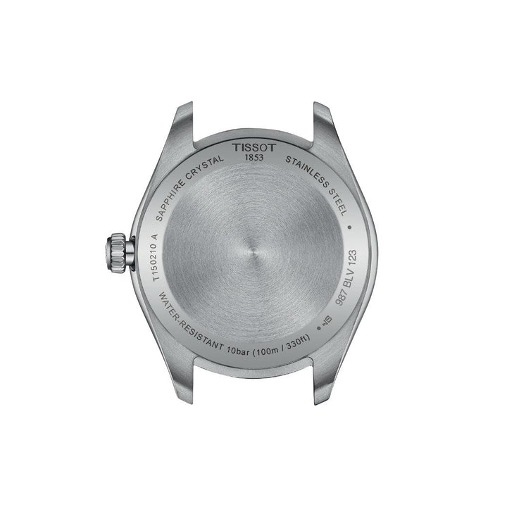 Tissot PR 100 T1502101103100 shows the case back in brushed steel with engraved details. Model T1502101103100