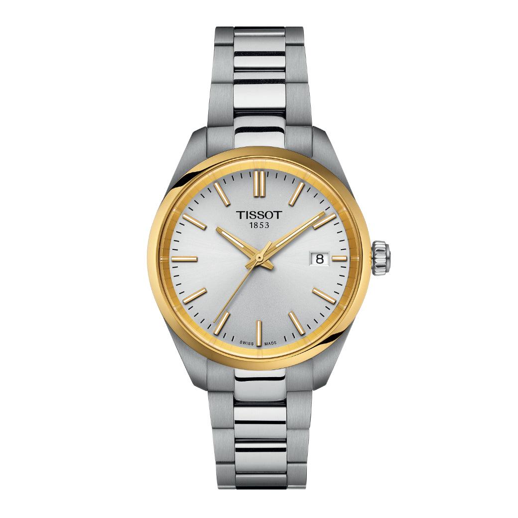 Tissot PR 100 shows a two-tone watch in steel with gold-colored bezel and silver dial, Model T1502102103100.