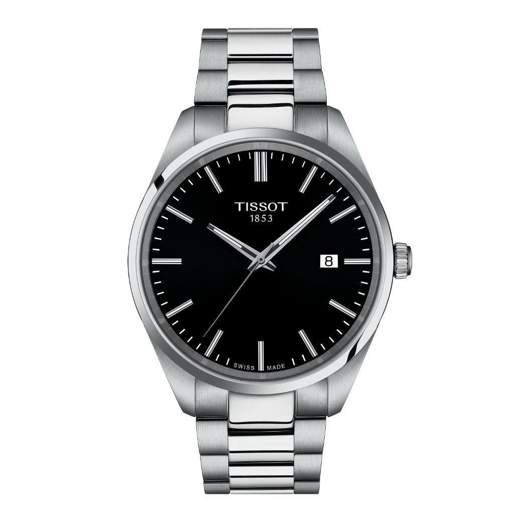 Tissot PR 100 T1504101105100 men's watch with black dial, steel chain and date. Model T1504101105100.
