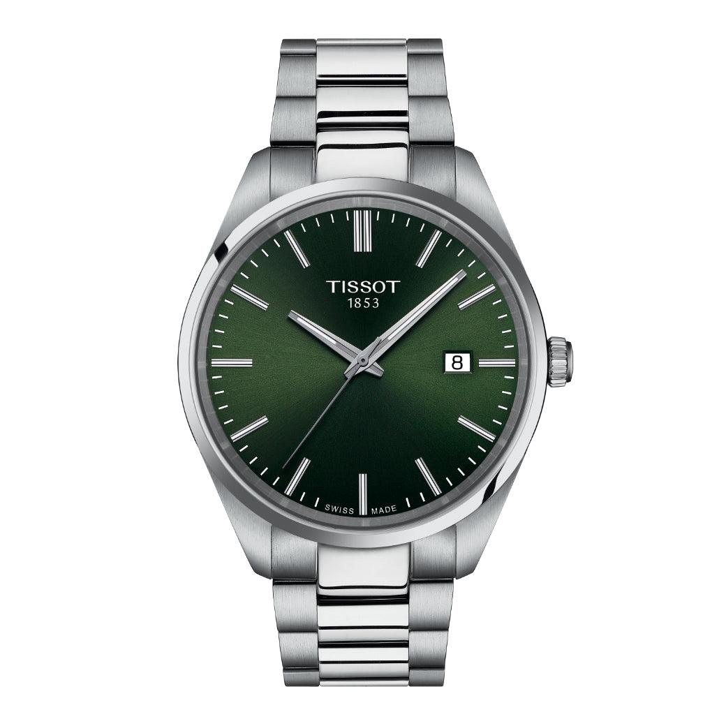 Tissot PR 100 with green dial and silver-colored steel chain, elegant men's watch. Model T1504101109100