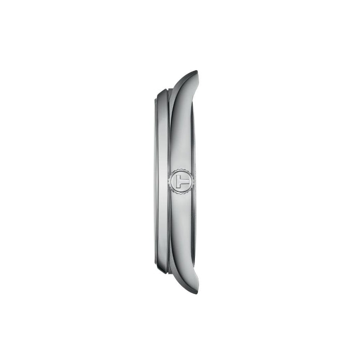 Tissot PR 100 T1504101109100 shown from the side with thin case profile in polished steel.