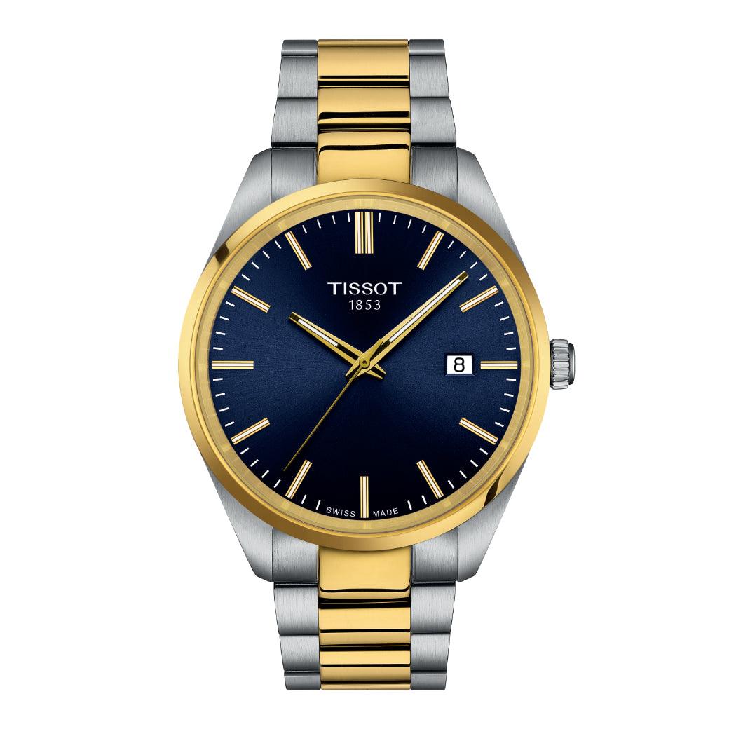 Tissot PR 100 t1504102204100 shows a watch with a blue dial and two-tone steel and gold details. Model t1504102204100.