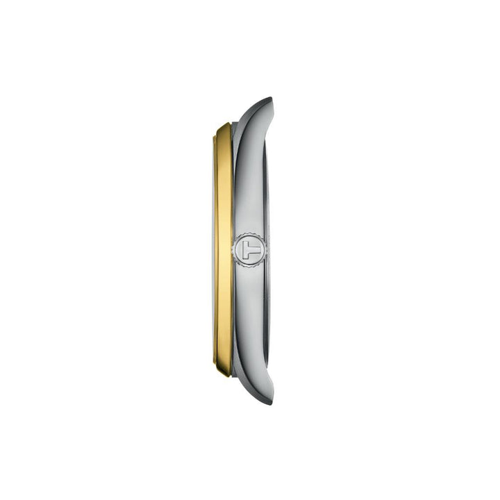 Tissot PR 100 T1504102204100, watch face in steel and gold color, shows the profile of the watch case. Model T1504102204100