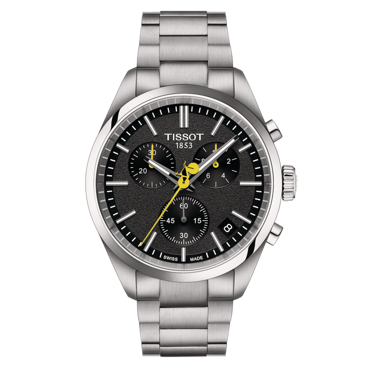 Tissot PR100 Tour de France T1504171105100, chronograph with black dial, steel strap and yellow details. Model T1504171105100