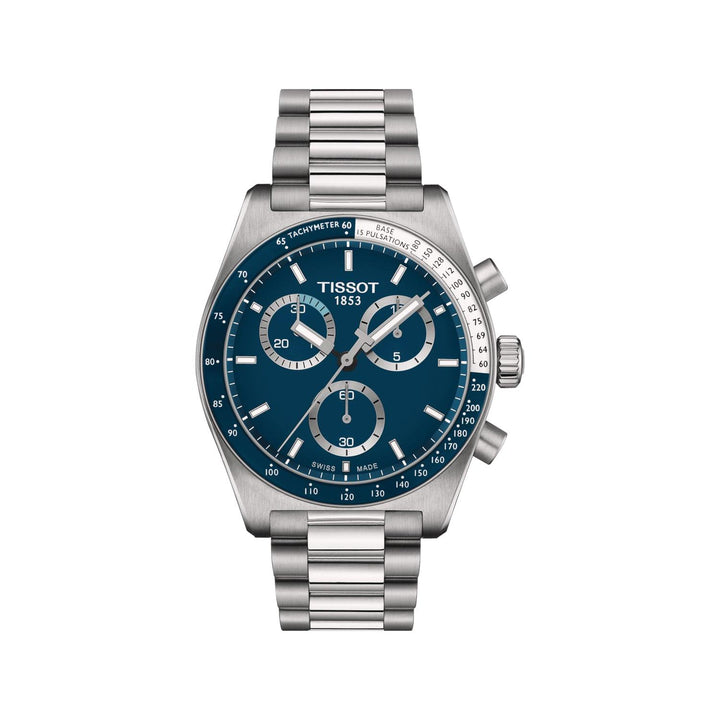 Tissot PR516 Chronograph with blue dial and steel chain, sporty design. Model T1494171104100.