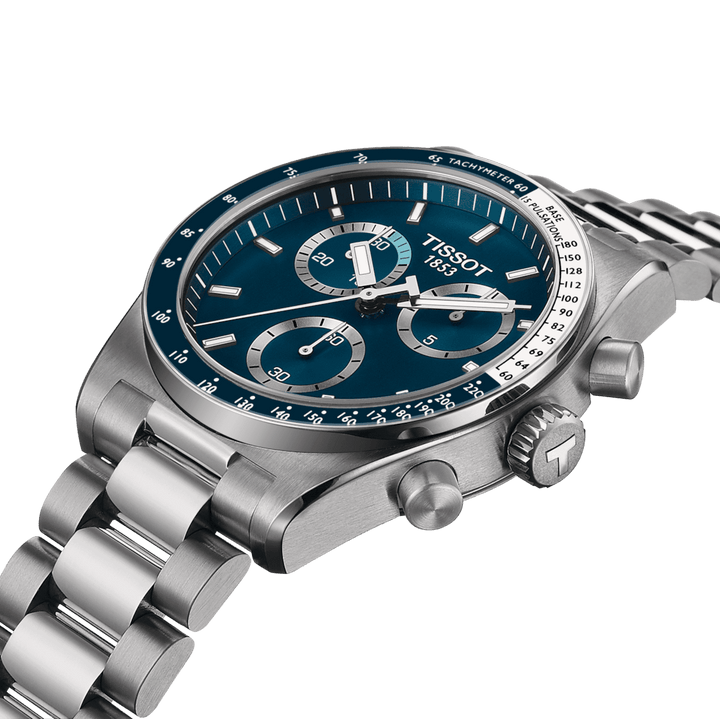 Tissot PR516 Chronograph with blue dial, steel chain and clear details, Model T1494171104100