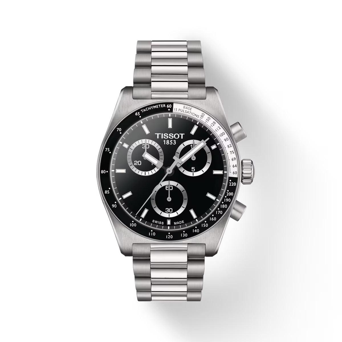 Tissot PR516 Chronograph with black dial, steel chain and detailed tachymeter. Model T1494171105100