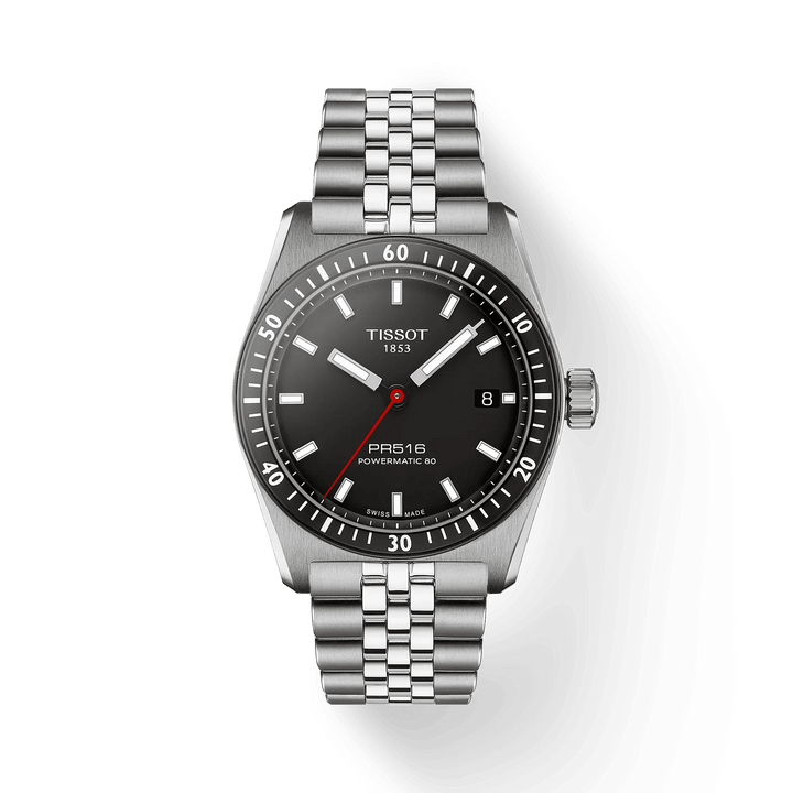 Tissot PR516 Powermatic 80 with black dial and silver steel chain, Model T1494071105100.