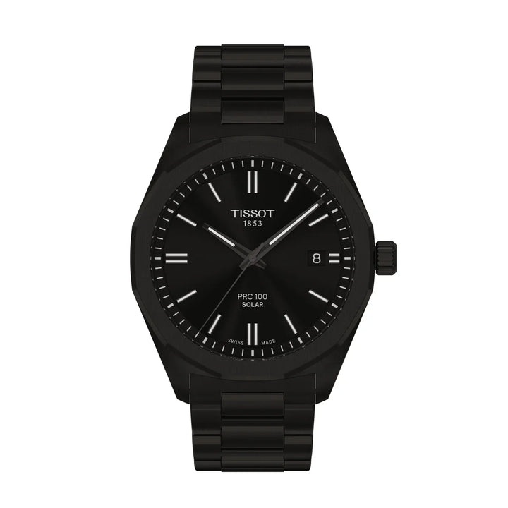Tissot PRC 100 Solar Quartz 39mm, black dial and black steel chain, Model T1514223305100.