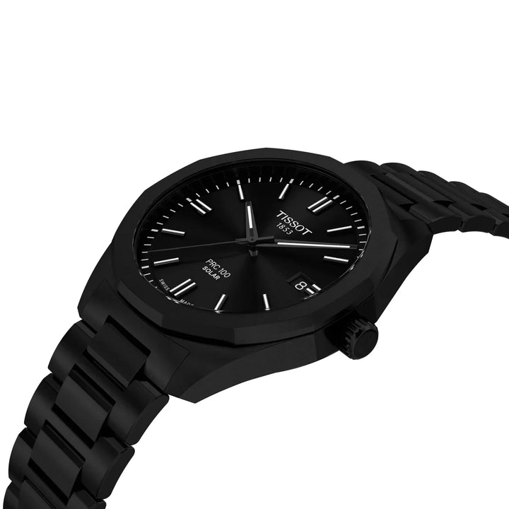 Tissot PRC 100 Solar Quartz 39mm black watch with black dial and bracelet, Model T1514223305100