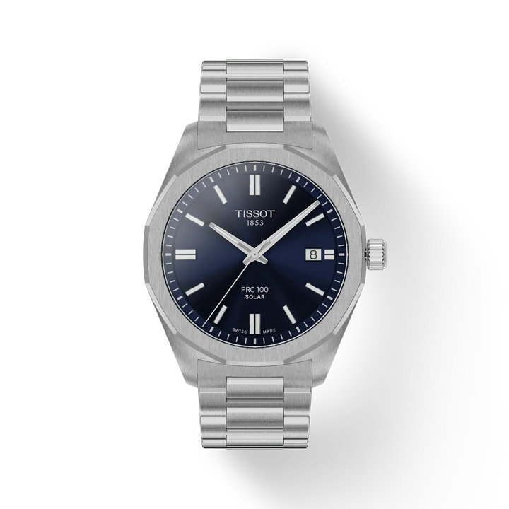 Tissot PRC 100 Solar Quartz 39MM with blue dial and steel chain, Model T1514221104100.