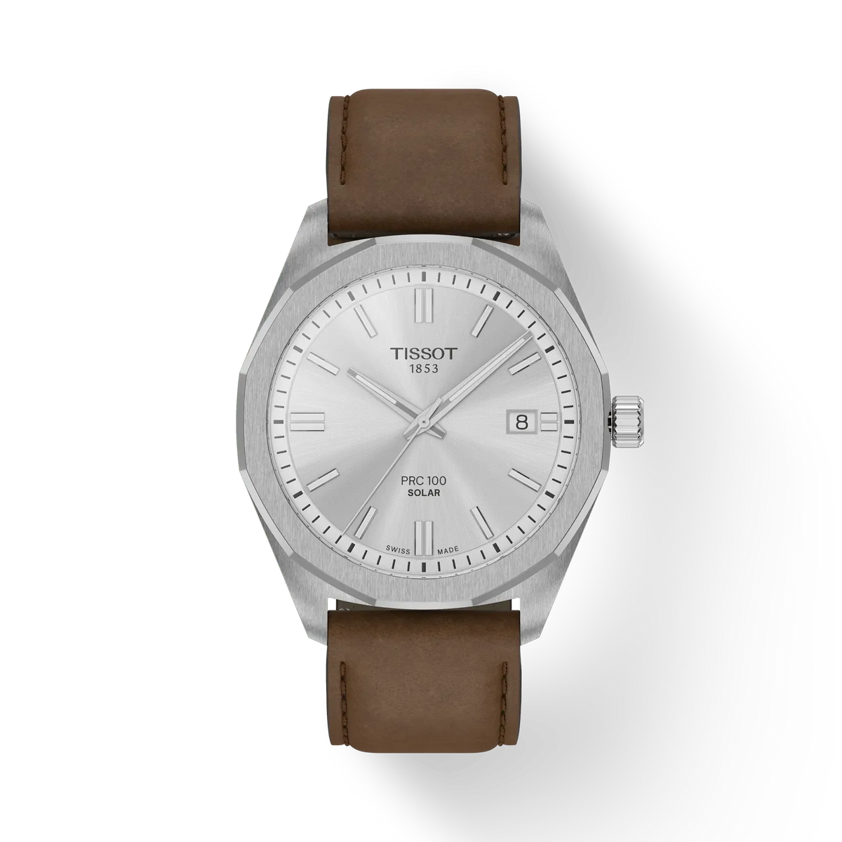 Tissot PRC 100 Solar Quartz 39mm with silver dial and brown leather strap, Model T1514221603100