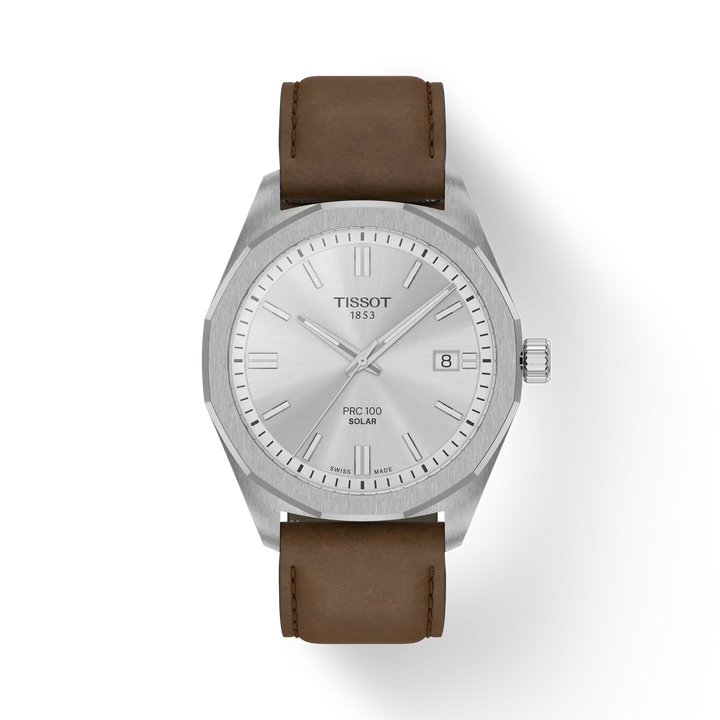 Tissot PRC 100 Solar Quartz 39mm with silver dial and brown leather strap, Model T1514221603100