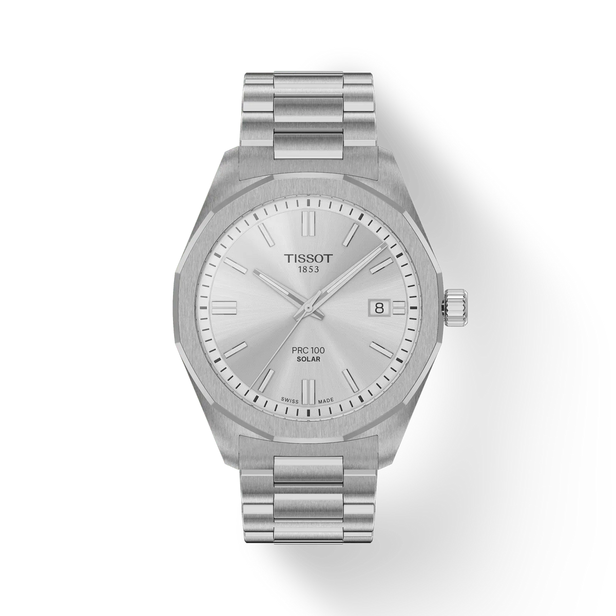 Tissot PRC 100 Solar Quartz 39mm shows silver dial and steel chain. Model T1514221103100.