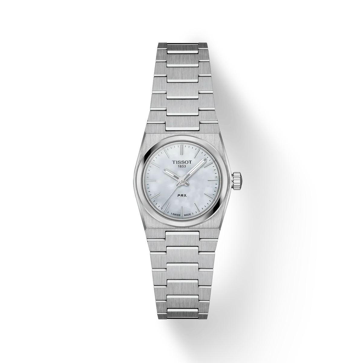 Tissot PRX 25mm mother-of-pearl dial wristwatch in steel with silver-coloured chain. Model T1370101111100