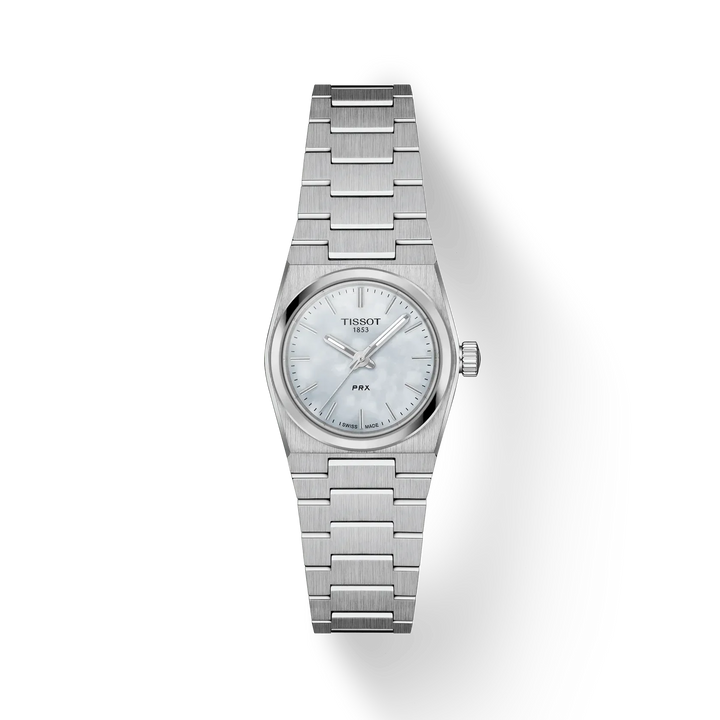 Tissot PRX 25mm mother-of-pearl dial wristwatch in steel with silver-coloured chain. Model T1370101111100