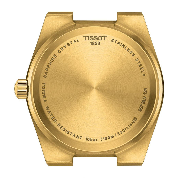 Tissot PRX 35mm gold PVD showing case back in brushed gold colored steel, Model T1372103302100.