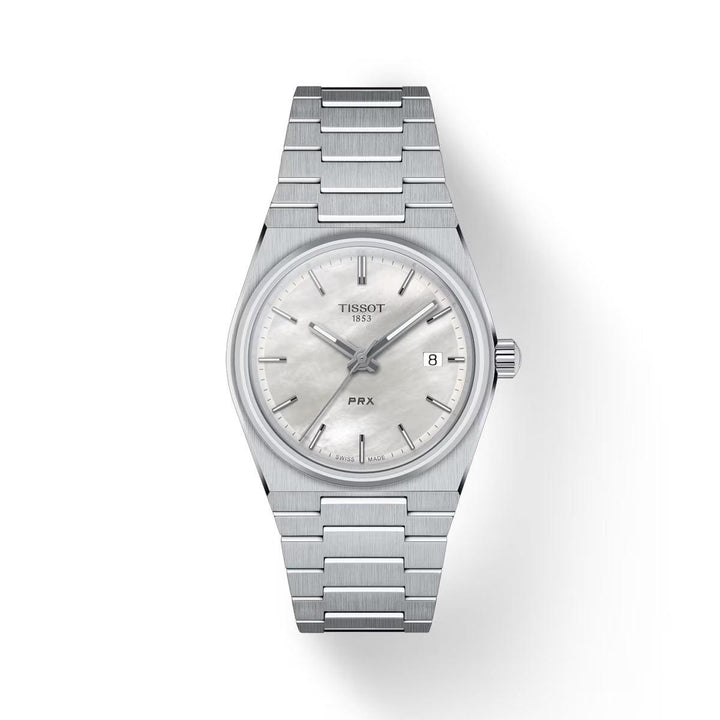 Tissot PRX 35mm dial with white mother-of-pearl on steel link, elegant cover image. Model T1372101111100