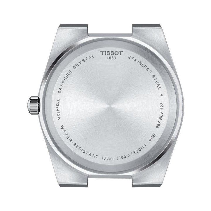 Tissot PRX 40mm blue dial showing the back of the case in brushed stainless steel, model T1374101104100.