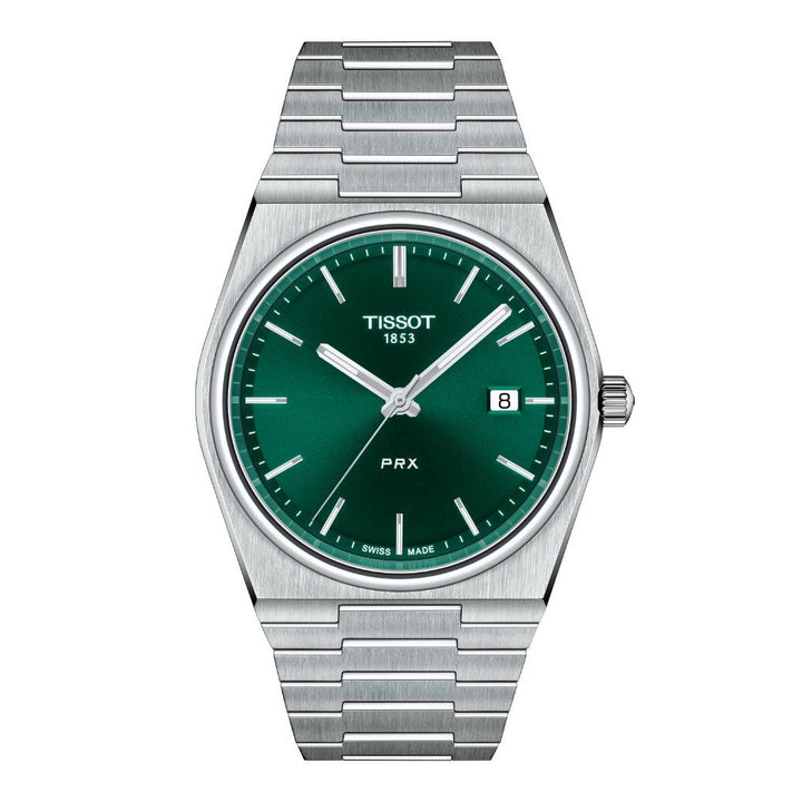 Tissot PRX 40mm with green dial, steel strap and date, modern and elegant men's watch. Model T1374101109100.