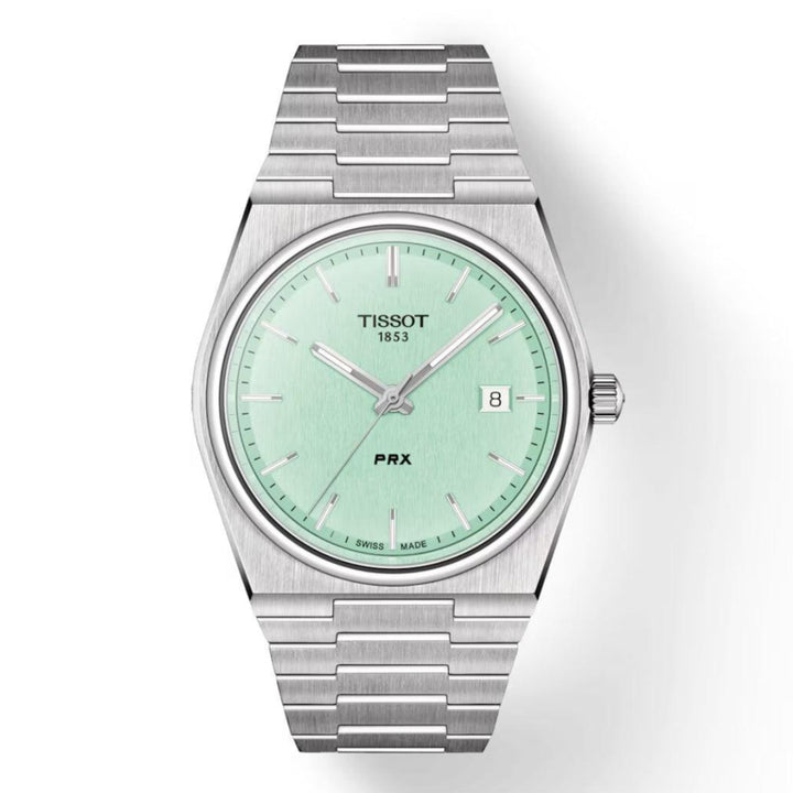 Tissot PRX 40mm Ice Blue watch in steel with light blue dial and date, Model T1374101109101