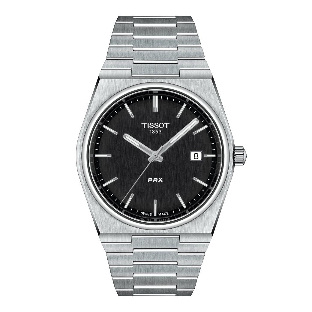 Tissot PRX 40mm black dial with steel chain, minimalist design, Model T1374101105100.