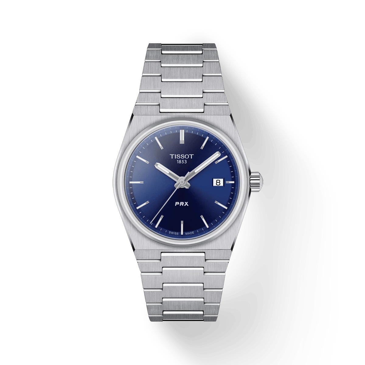 Tissot PRX with blue dial, 35mm, shown with silver steel chain. Model T1372101104100.