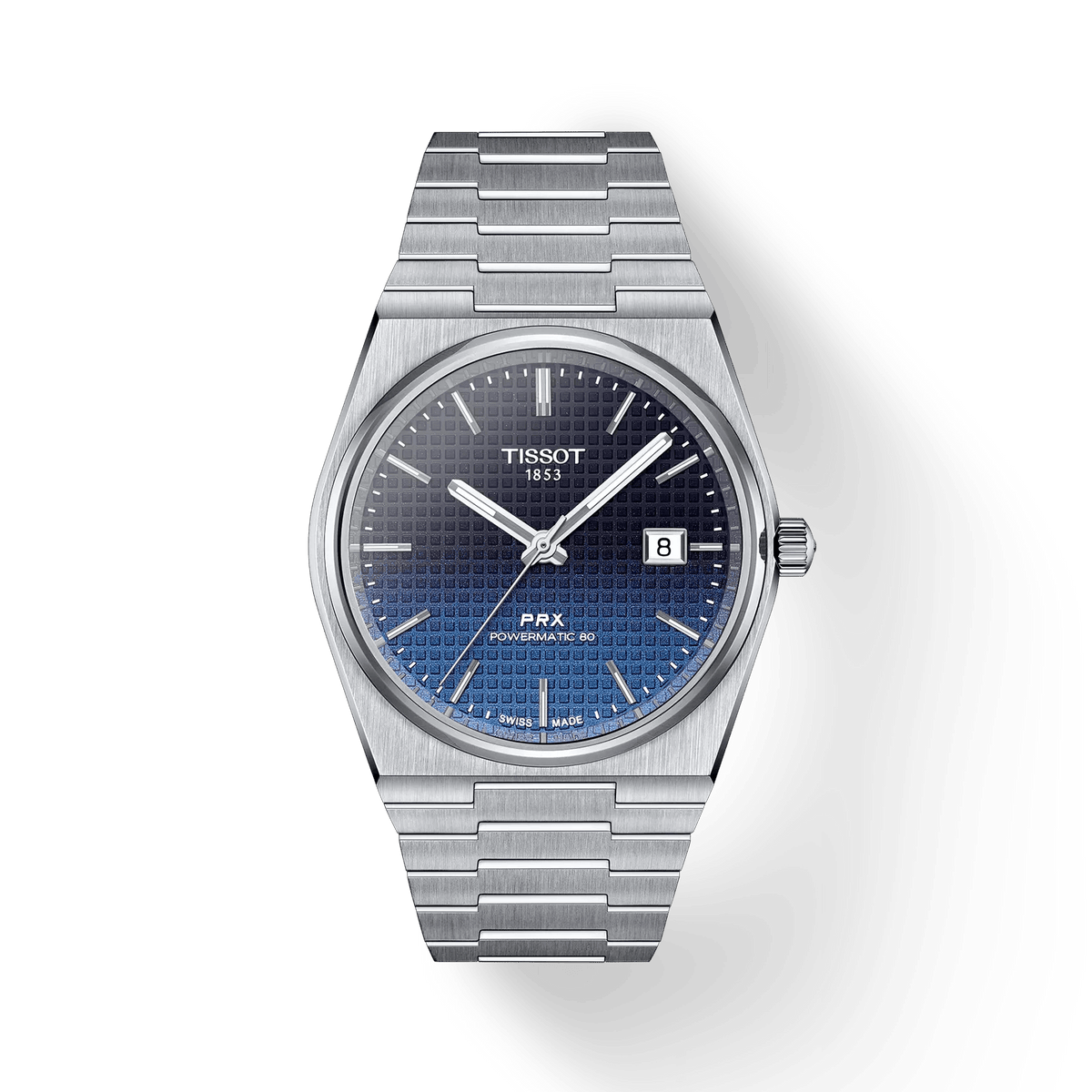 Tissot PRX Powermatic 80 40mm features blue gradient dial, steel bracelet and date display. Model T1374071105101