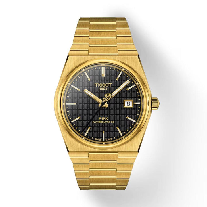 The Tissot PRX Powermatic 80 Damian Lillard Special Edition is shown with a gold colored case and black patterned dial. Model T1374073305100