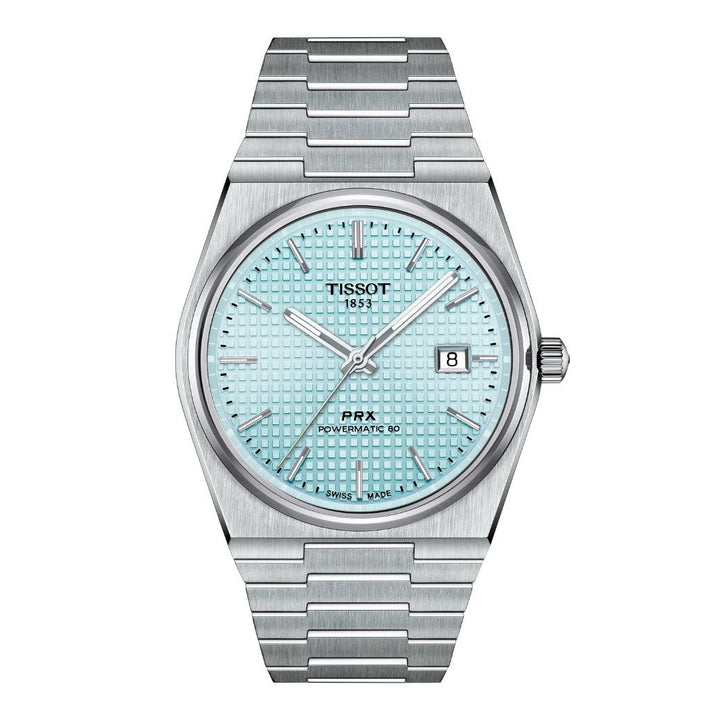 Tissot PRX Powermatic 80 Ice Blue watch with steel strap, ice blue dial and date. Model T1374071135100.