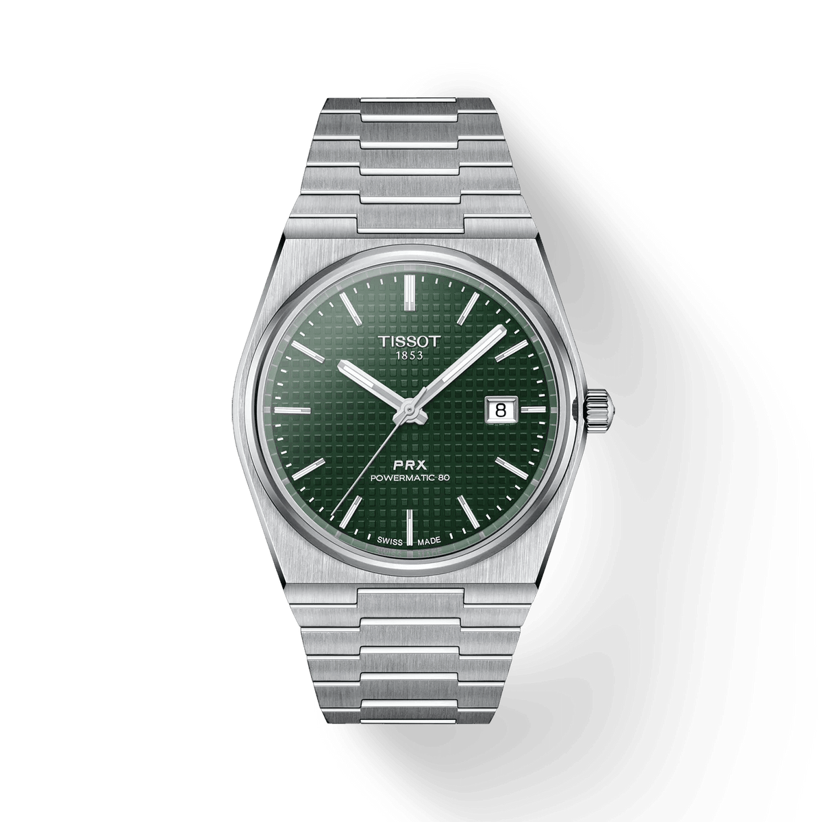 Tissot PRX Powermatic 80 with green dial and silver steel chain, Model T1374071109100.