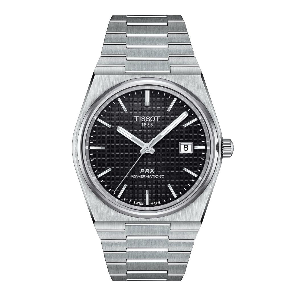 Tissot PRX Powermatic 80 with black dial and steel chain, Model T1374071105100, shown from the front.
