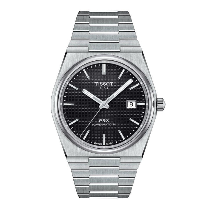 Tissot PRX Powermatic 80 with black dial and steel chain, Model T1374071105100, shown from the front.