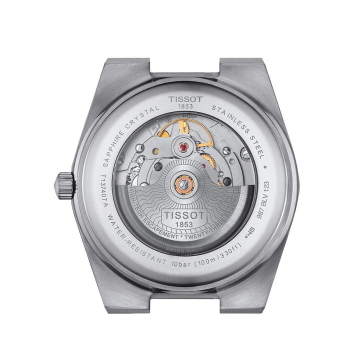 Tissot PRX Powermatic 80 with black dial, showing the movement back with steel and details. Model T1374071105100