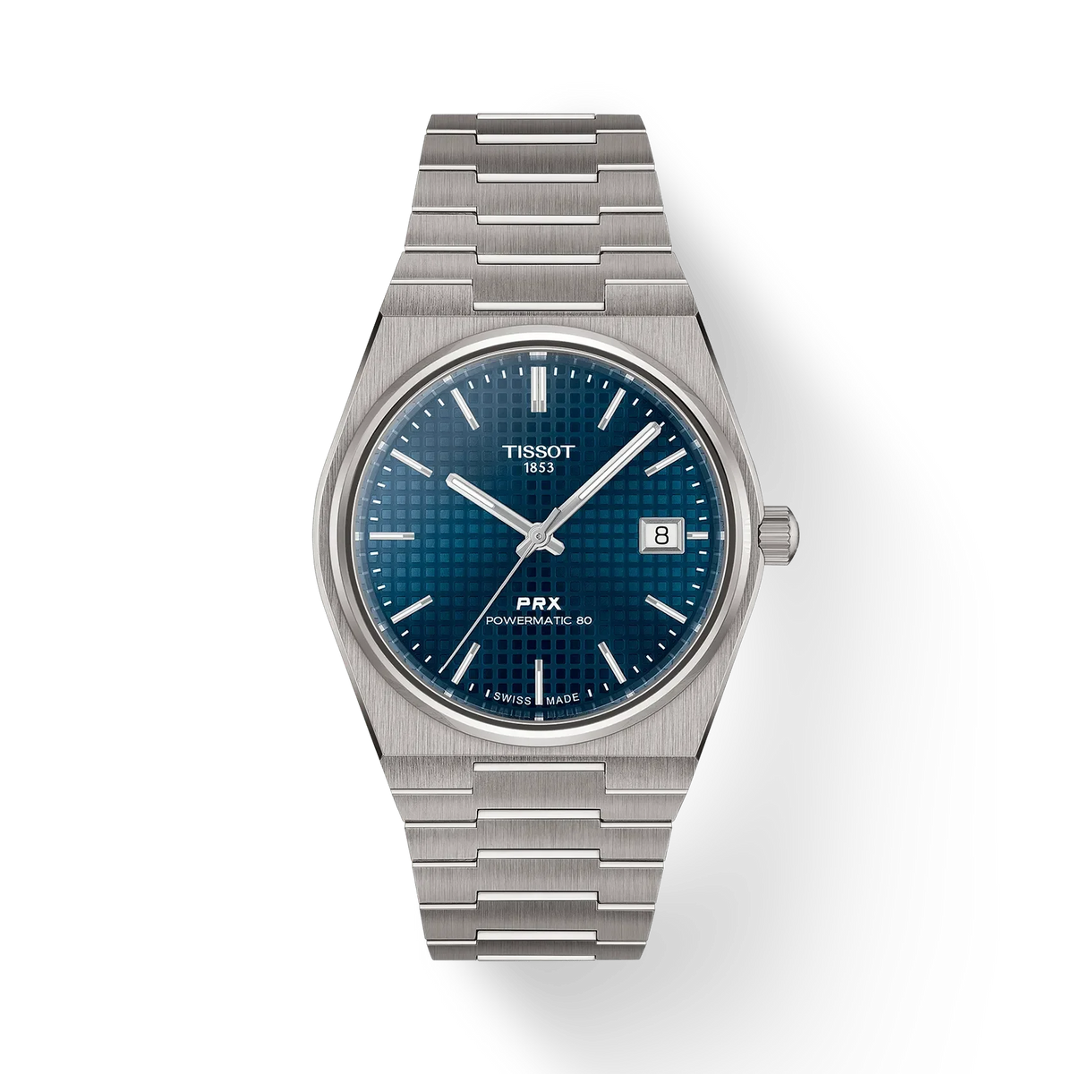 Tissot PRX Titanium 38mm Powermatic with blue dial, integrated steel link. Model T1378074404100