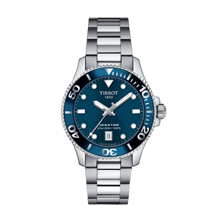 Tissot Seastar 1000 36mm watch with blue dial, steel link and date, Model T1202101104100