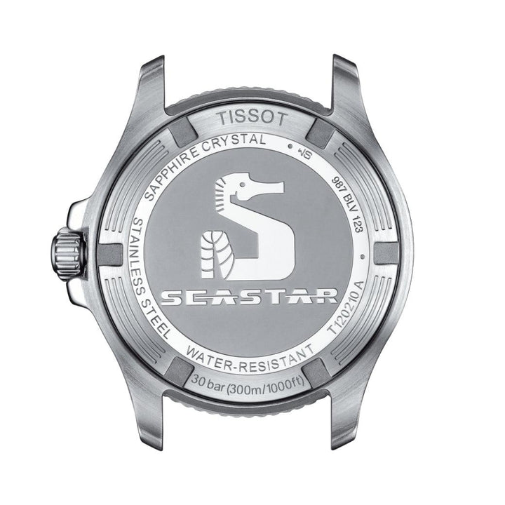 Tissot Seastar 1000 36mm shows the case back in steel with seahorse logo and details. Model T1202101104100