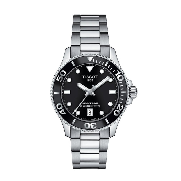Tissot Seastar 1000 36mm with black dial and steel link, round bezel, shown frontally. Model T1202101105100.