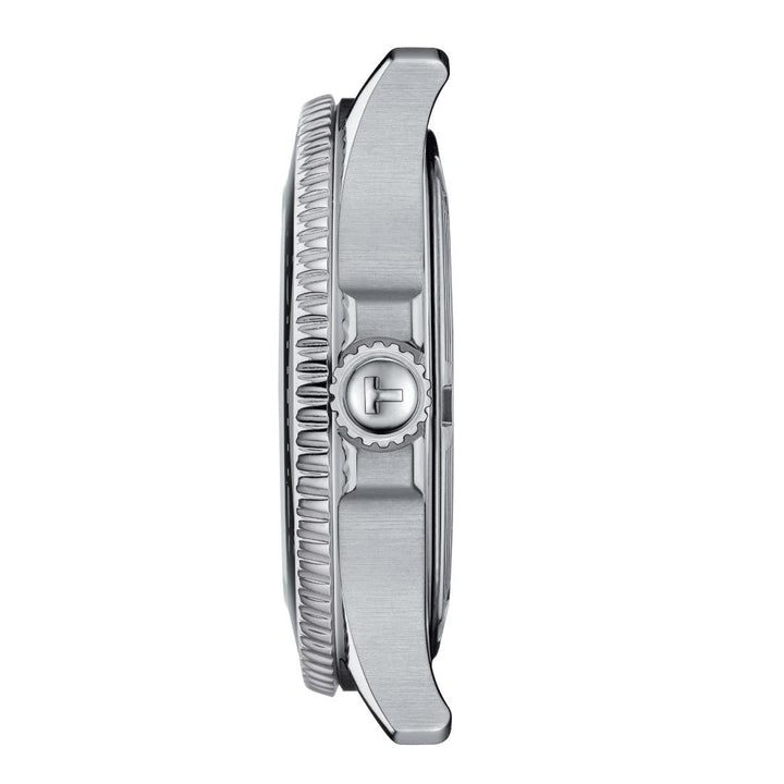 Tissot Seastar 1000 36mm shows detail of the watch case in silver colored steel viewed from the side, Model T1202101105100